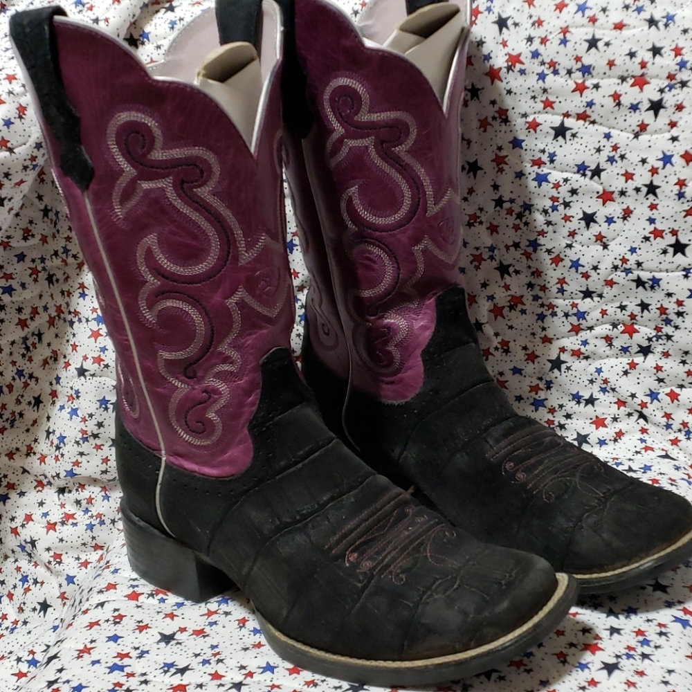 Ariat square toe black alligator print purple boot